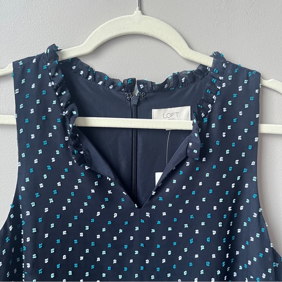 Loft Outlet Dress Women's 8 New NWT Navy Blue Tufted Swiss Dots Midi Ruffles - Picture 9 of 12